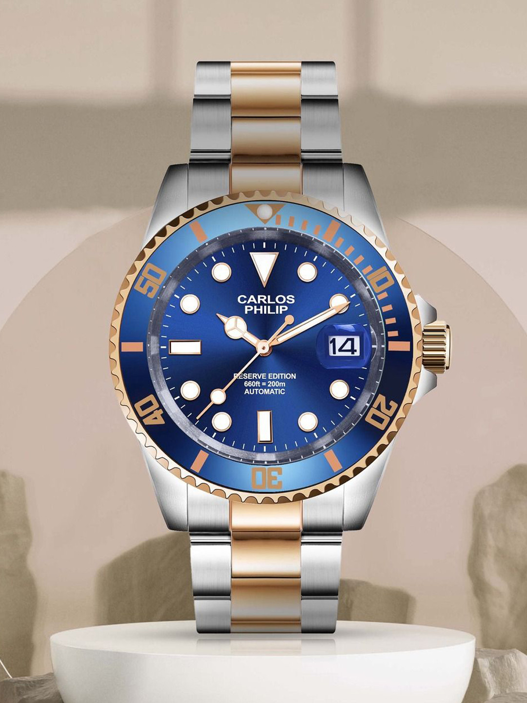 CARLOS PHILIP Men Brass Dial & Stainless Steel Bracelet Style Straps Analogue Automatic Motion Powered Watch