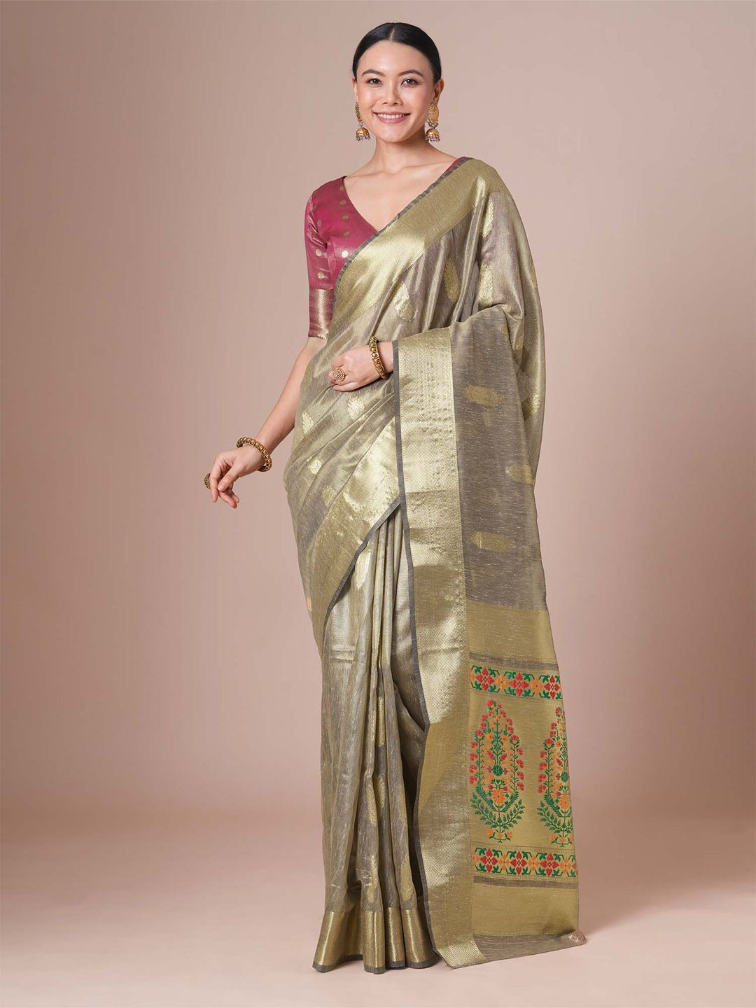 House Of Pataudi Grey Tissue  Woven Design Festive Wear Saree with Matching Blouse