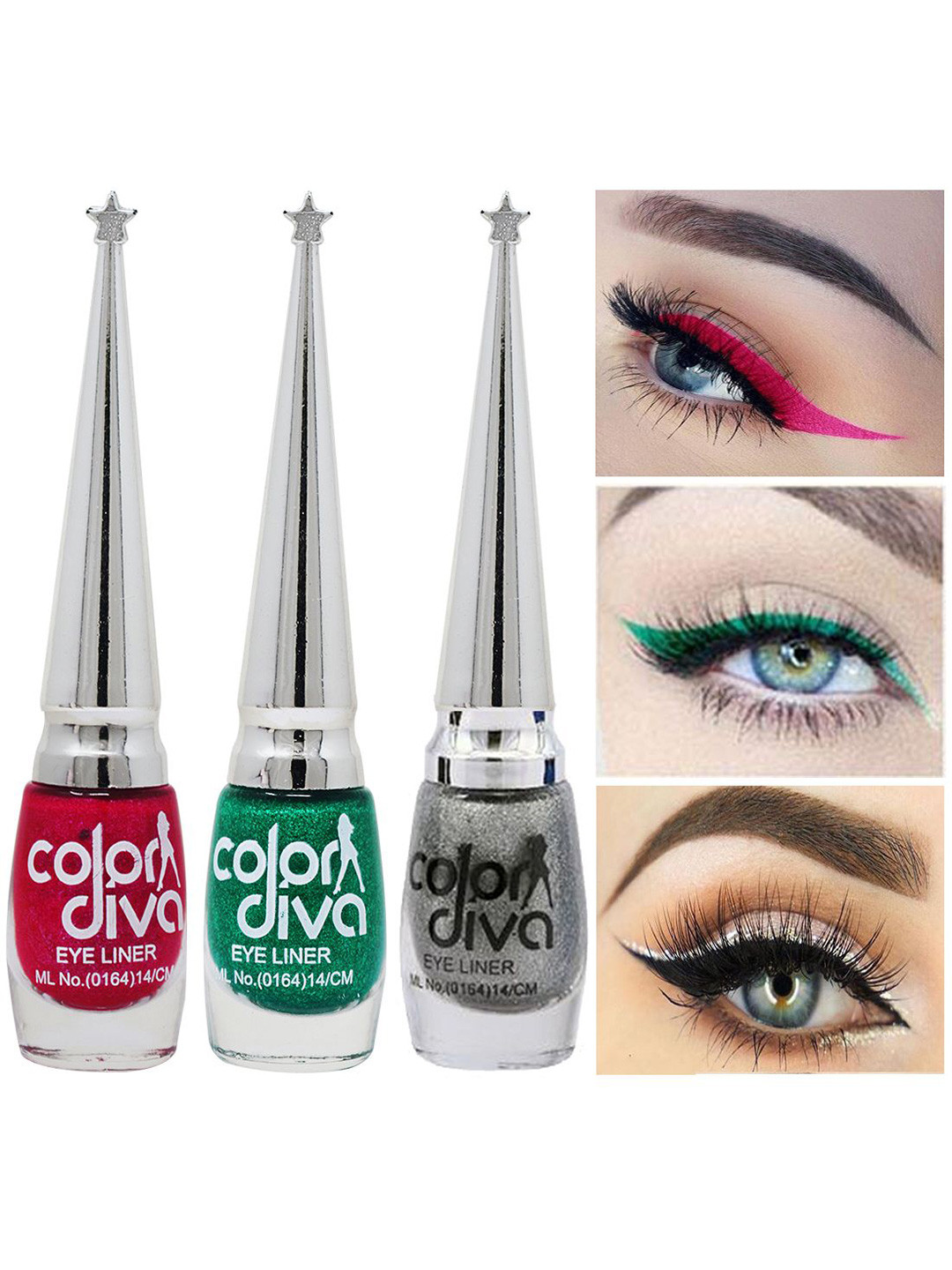 Color Diva Set Of 3 Water Resistant Shimmer Liquid Eyeliner - 6 ml Each - Pink-Green-Grey