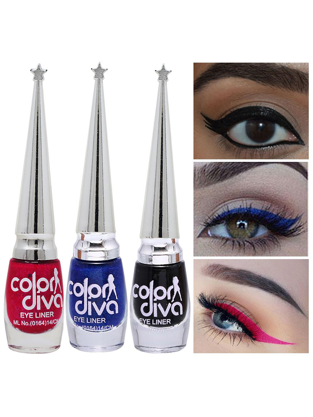 Color Diva Set Of 3 Water Resistant Shimmer Liquid Eyeliner - 6 ml Each - Pink-Blue-Black