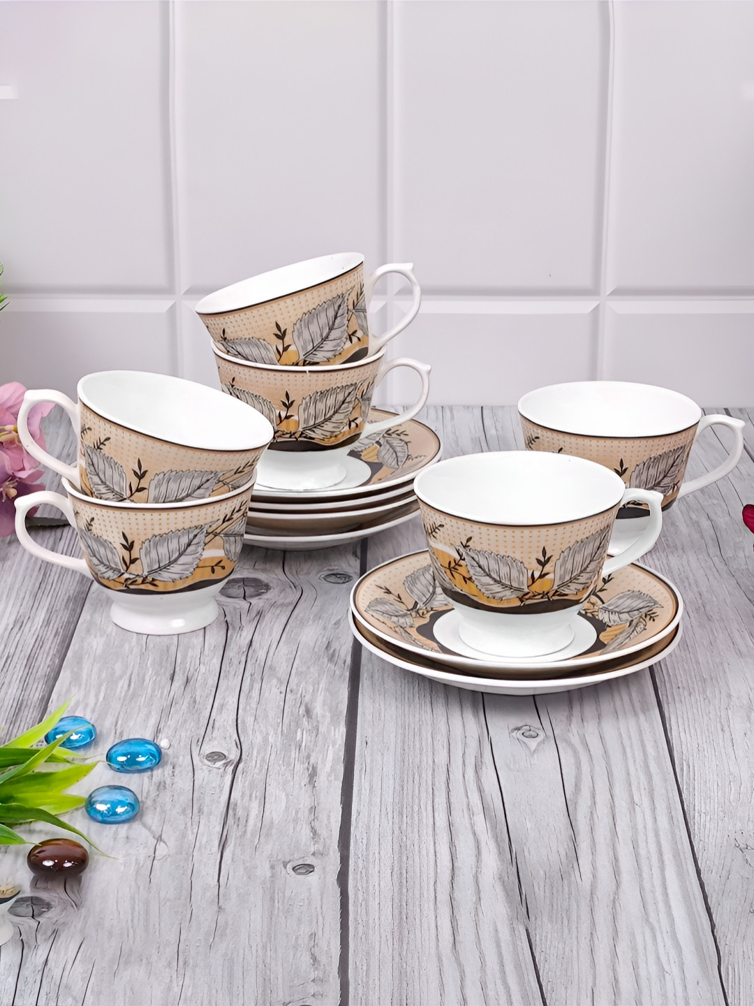 UPC Designer Aesthetic White Leaf Ceramic Microwave Safe 12 Piece Cups-225ml