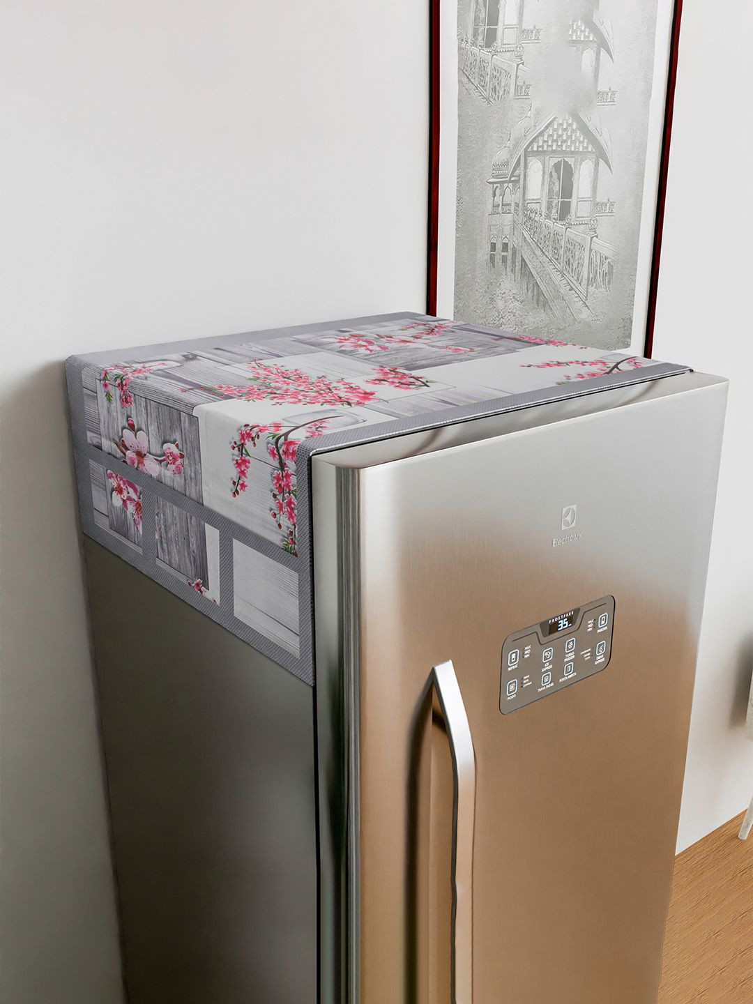 Kuber Industries Grey & Red Floral Printed Fridge Top Cover With 6 Utility Pockets
