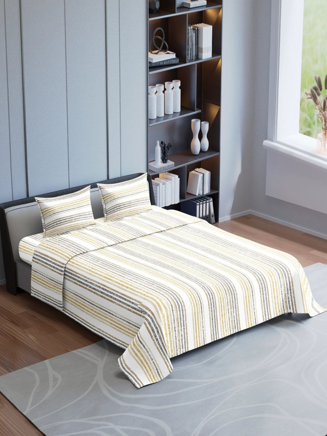 Synergized Cotton Beige Striped Cotton 180 TC King Fine Bedsheet with 2 Pillow Covers-108 x 108 inches