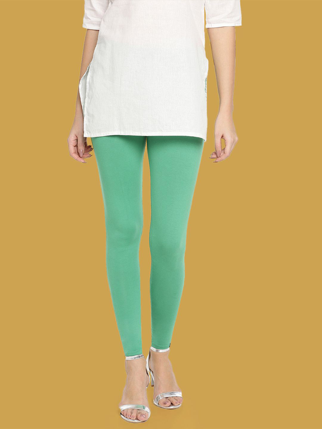 TWIN BIRDS Women Cotton Blend Solid Green Grass Ankle Length Legging