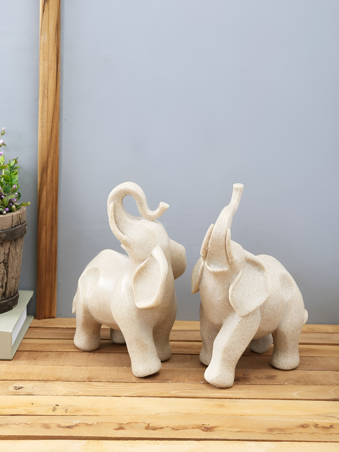 TAYHAA Elephant Trumpeting Aloud Beige Polyresin Natural Living Room Set of 2 Medium Showpieces - 0.8 Inches