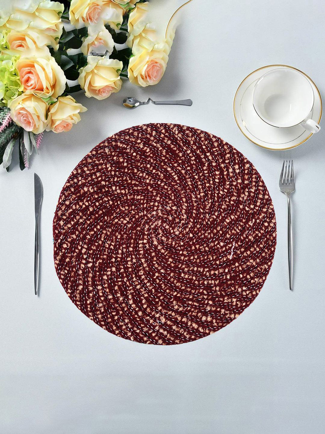Kuber Industries Maroon & Beige Embroidered Cotton Round Stain Resistant Table Placemat