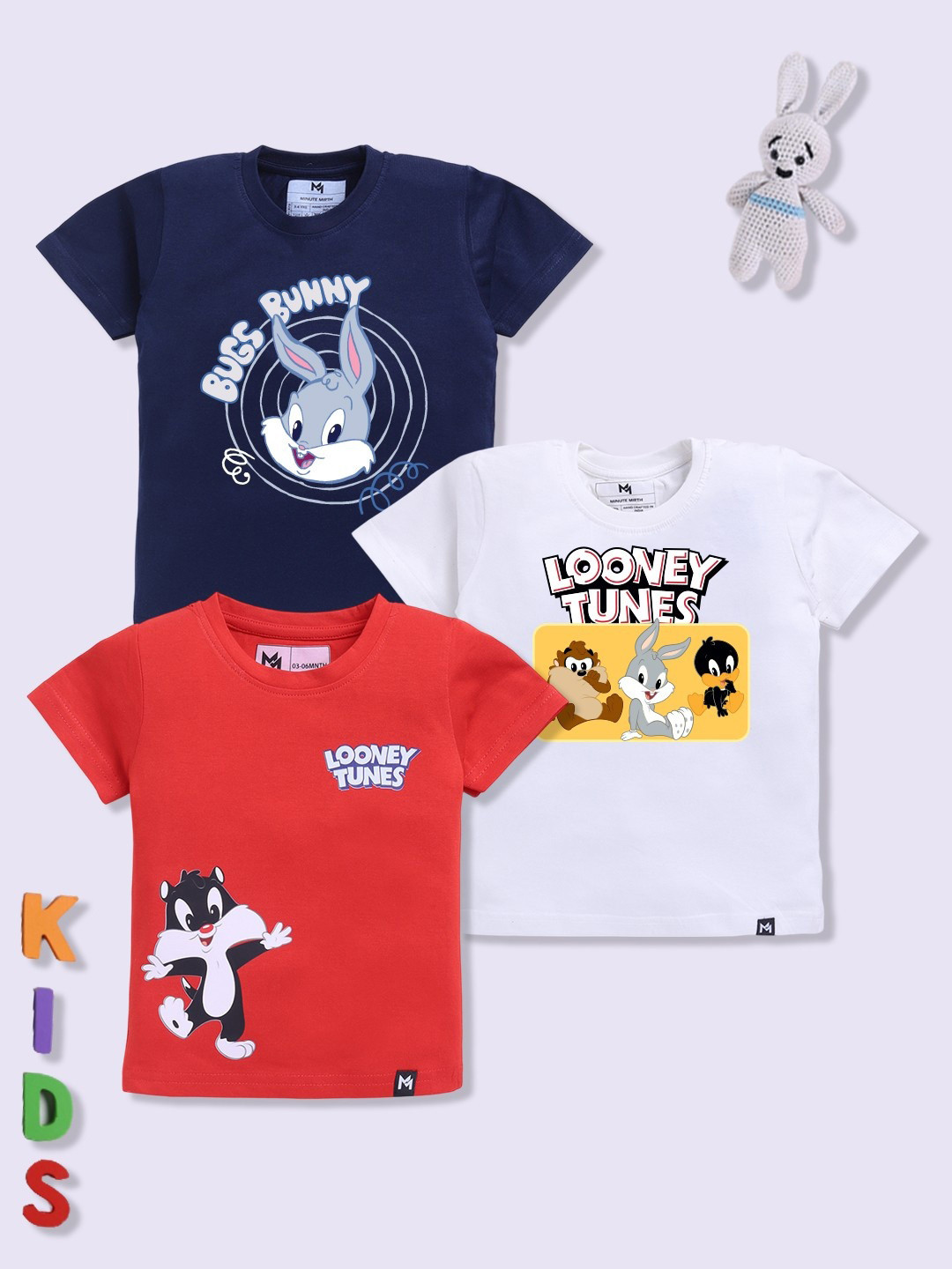 YK X Minute Mirth Boys Set of 3 Assorted Looney Tunes Printed Pure Cotton T-shirts