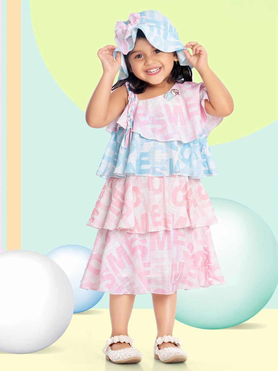 Lagorii Girls Frilled Printed Dress With Cap