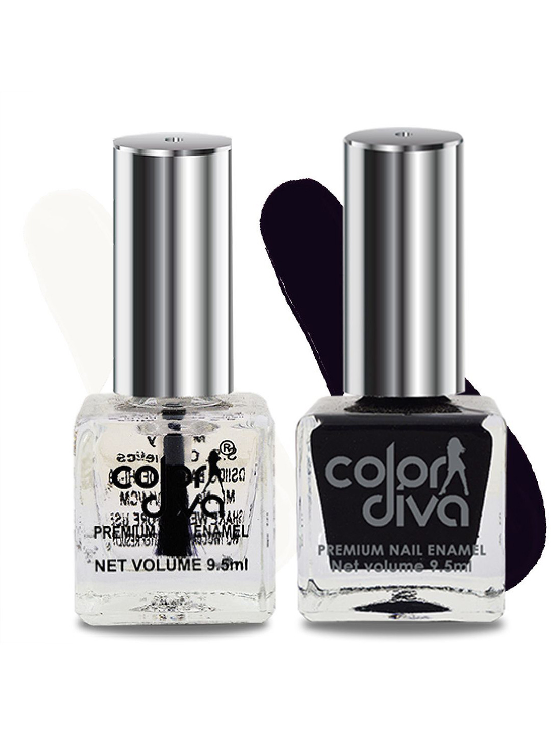 Color Diva Set Of 2 Long Lasting Nail Enamel - 9.5 ml Each - Black & Top Coat