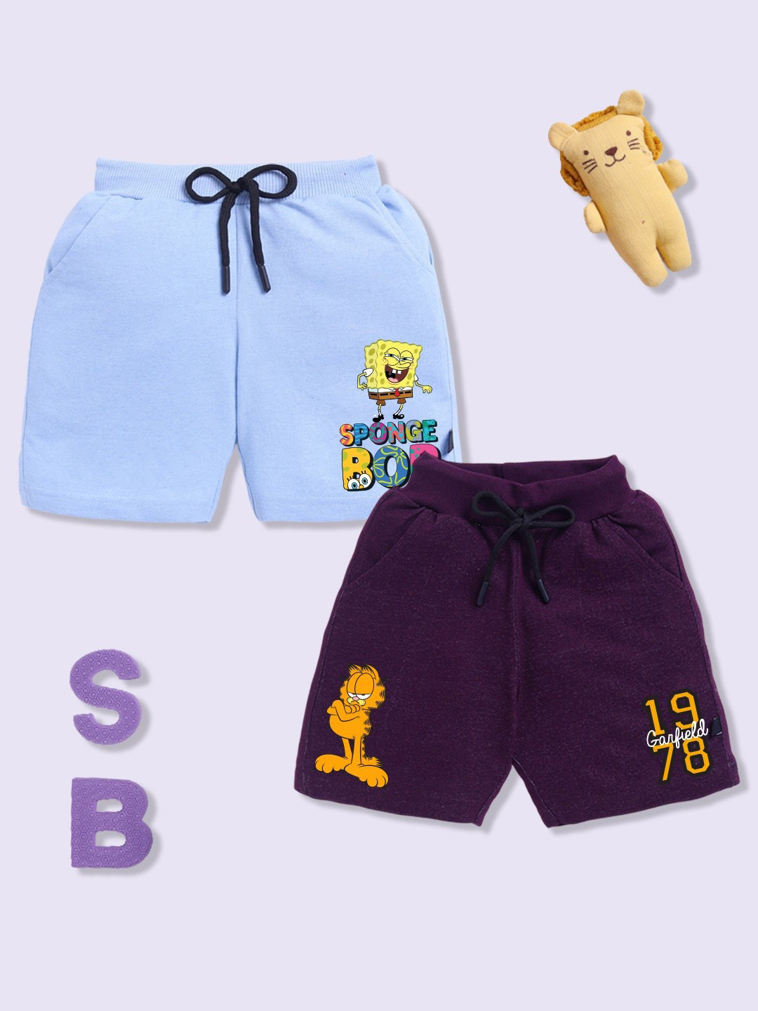 YK X Minute Mirth Boys Assorted Pack Of 2 Sponge Bob Printed Cotton Shorts