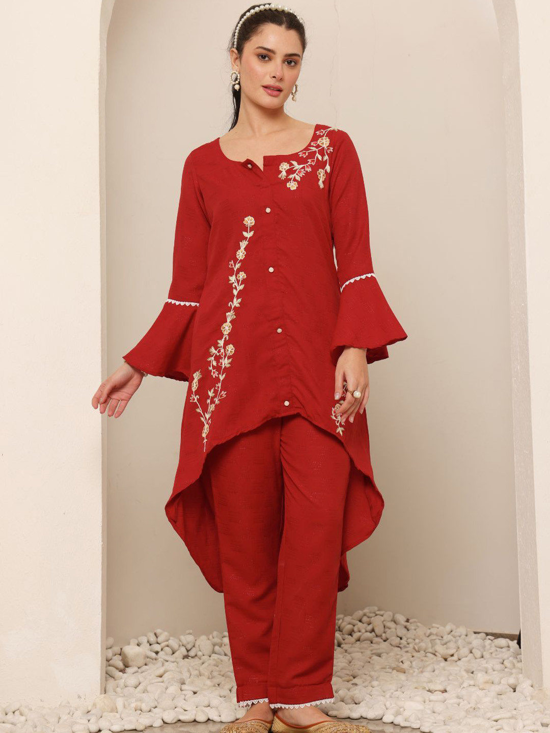 Lative Colours of Fashion Embroidered Round Neck A-Line Tunic With Trousers
