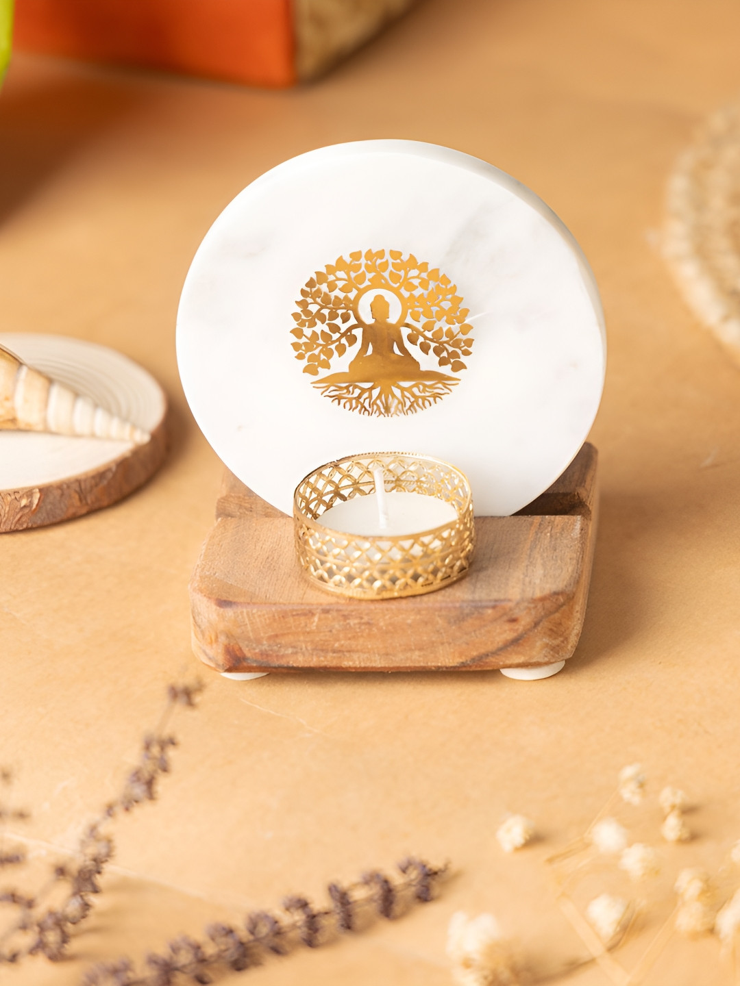 HOMEARTE White & Brown Buddha Tree Marble Candle Holder With Wooden Base