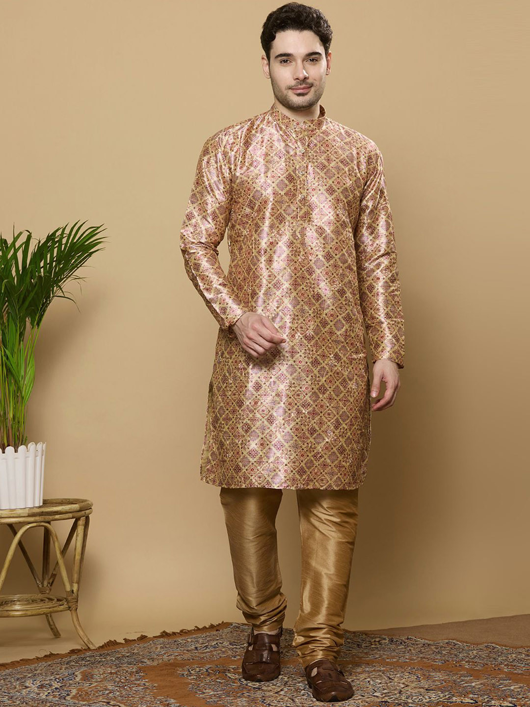 KOMPANION Floral Printed Thread Work Band Collar Straight Kurta
