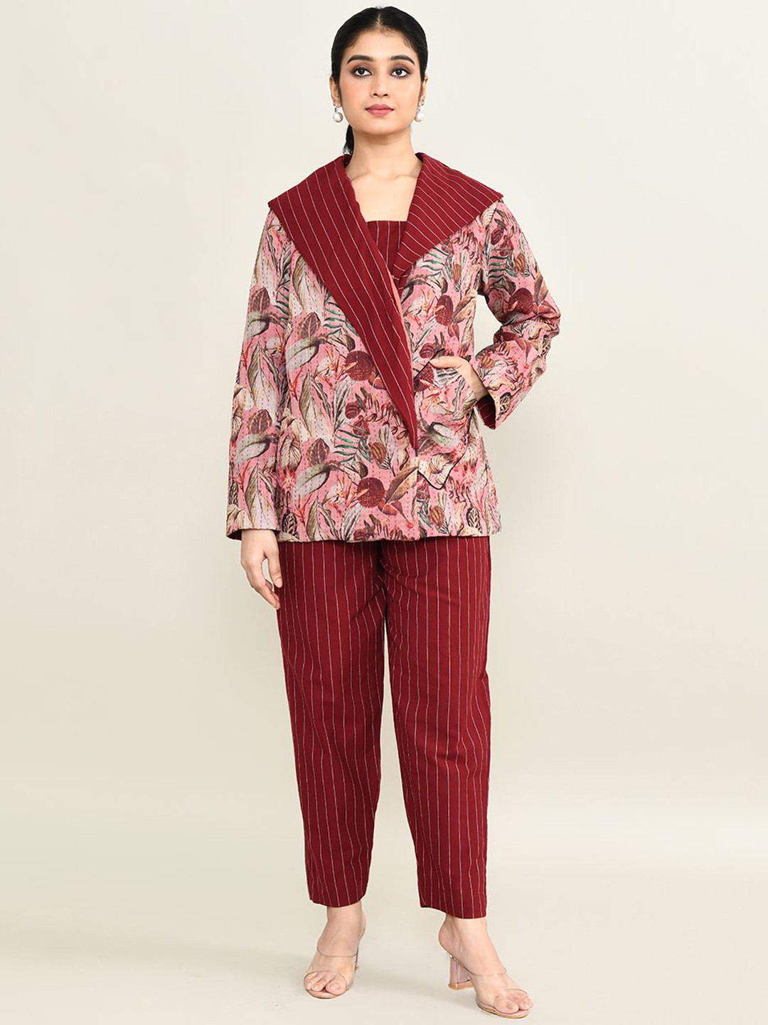 The Maple Striped Square Neck Pure Cotton Crop Top With Shrug & Trouser