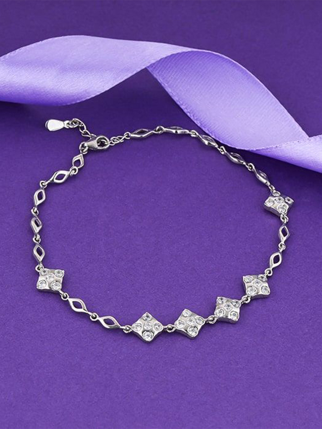 GIVA 925 Silver Rhodium-Plated Zircon Studded Square Anklets
