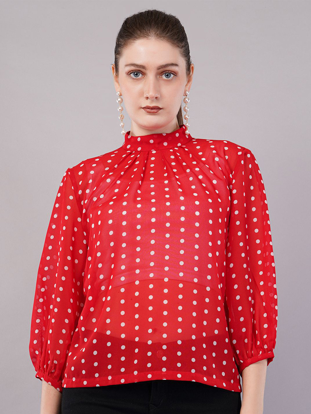 FLY STITCH Polka Dot Print Puff Sleeve Georgette Top