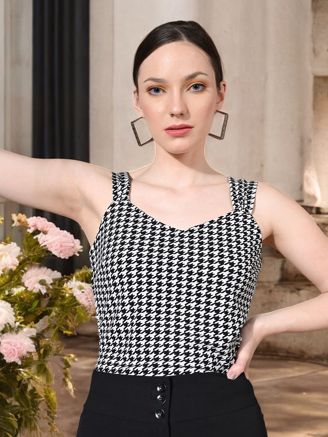 BAESD Checked Sweetheart Neck Studded Top