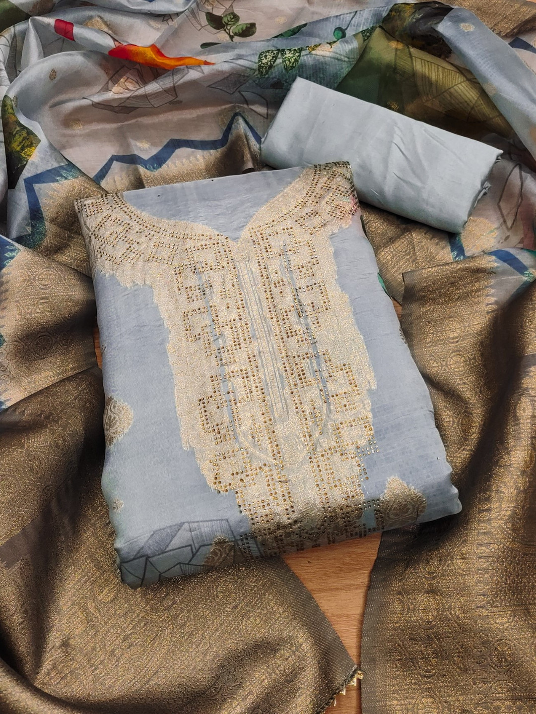 Panzora Floral Woven Design Stone Work Jacquard Organza Unstitched Dress Material