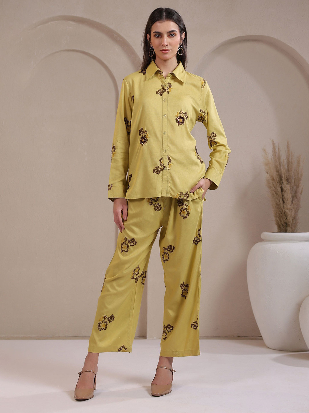 Nyaro Machine Embroidered & Hand Work Shirt With Palazzo Co-Ord Set