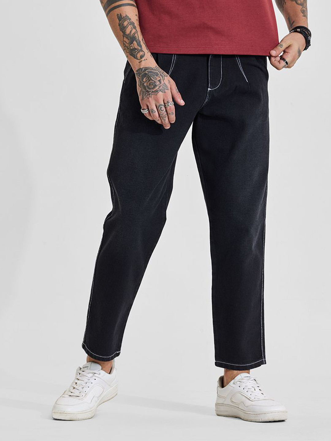 Snitch Men Dark Charcoal Black Mid-Rise Baggy Jeans