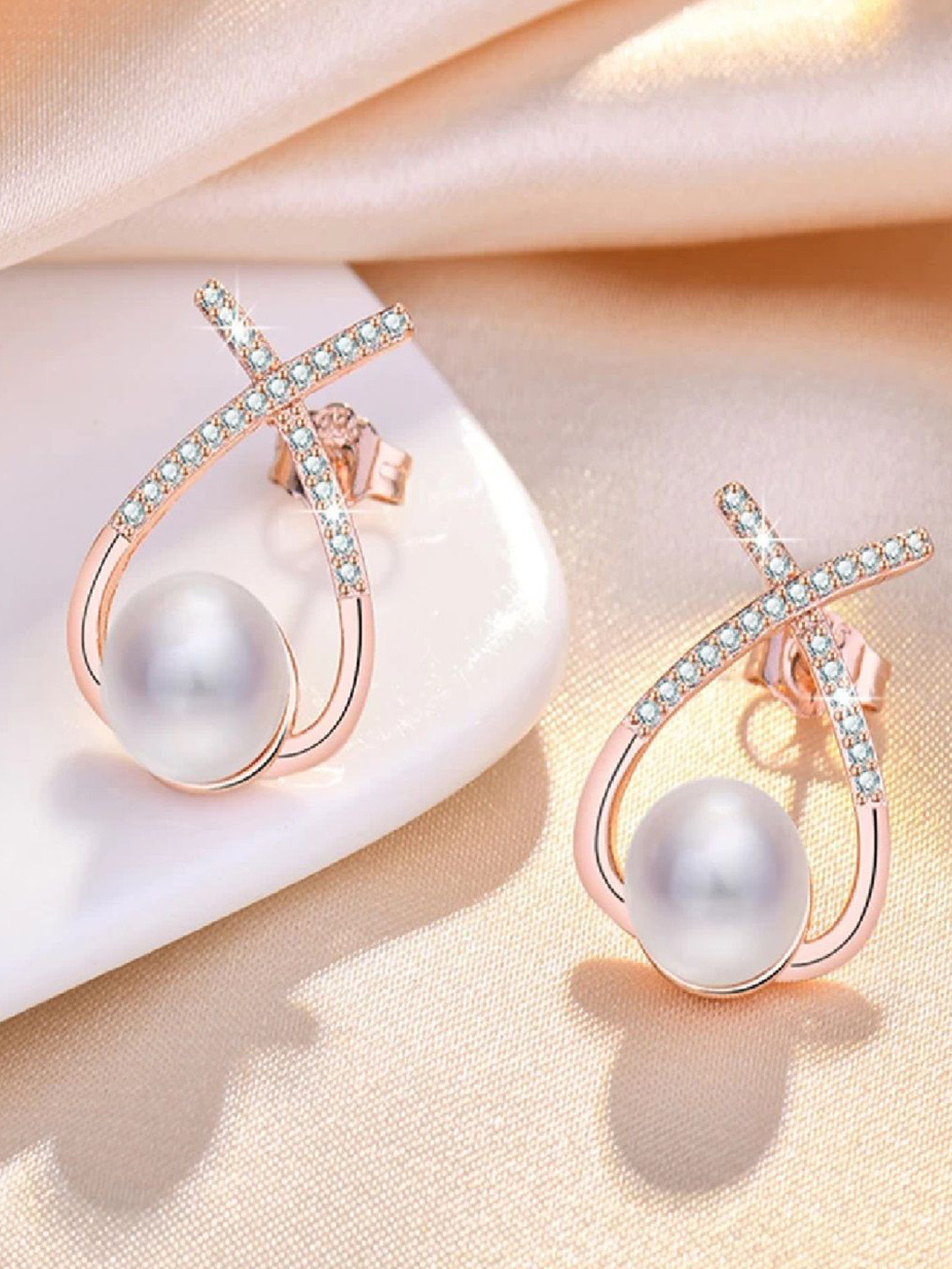 Crazy Fashion Gold-Plated Stainless Steel Contemporary Pearl Studs