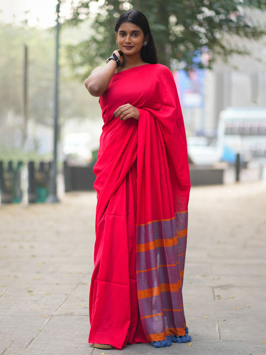 I LOVE SAREES Red Acrylic Cotton Saree