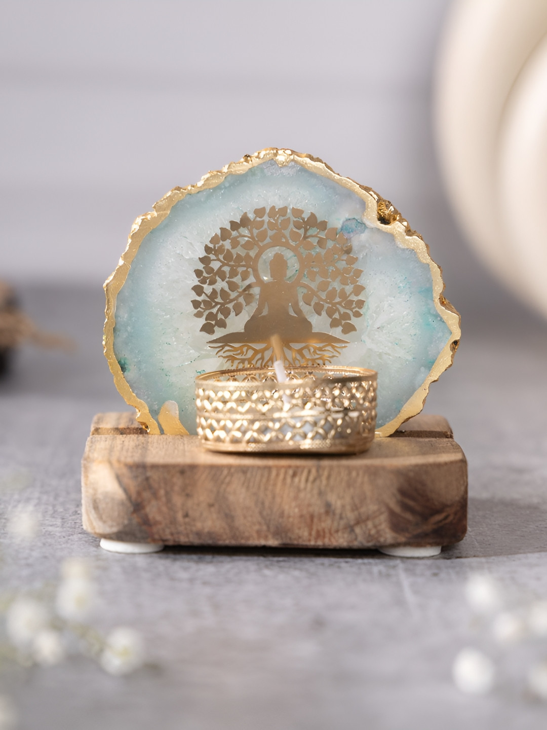 HOMEARTE Green & Brown Buddha Tree Candle Holder With Wooden Base