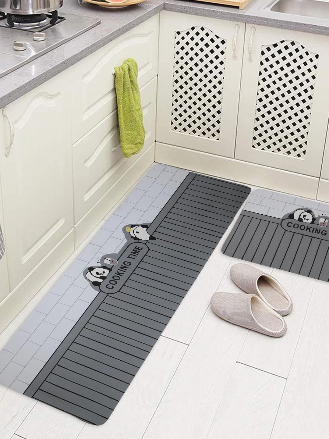 FAVRIA Grey & Black 2 Pieces Striped Waterproof Kitchen Mats