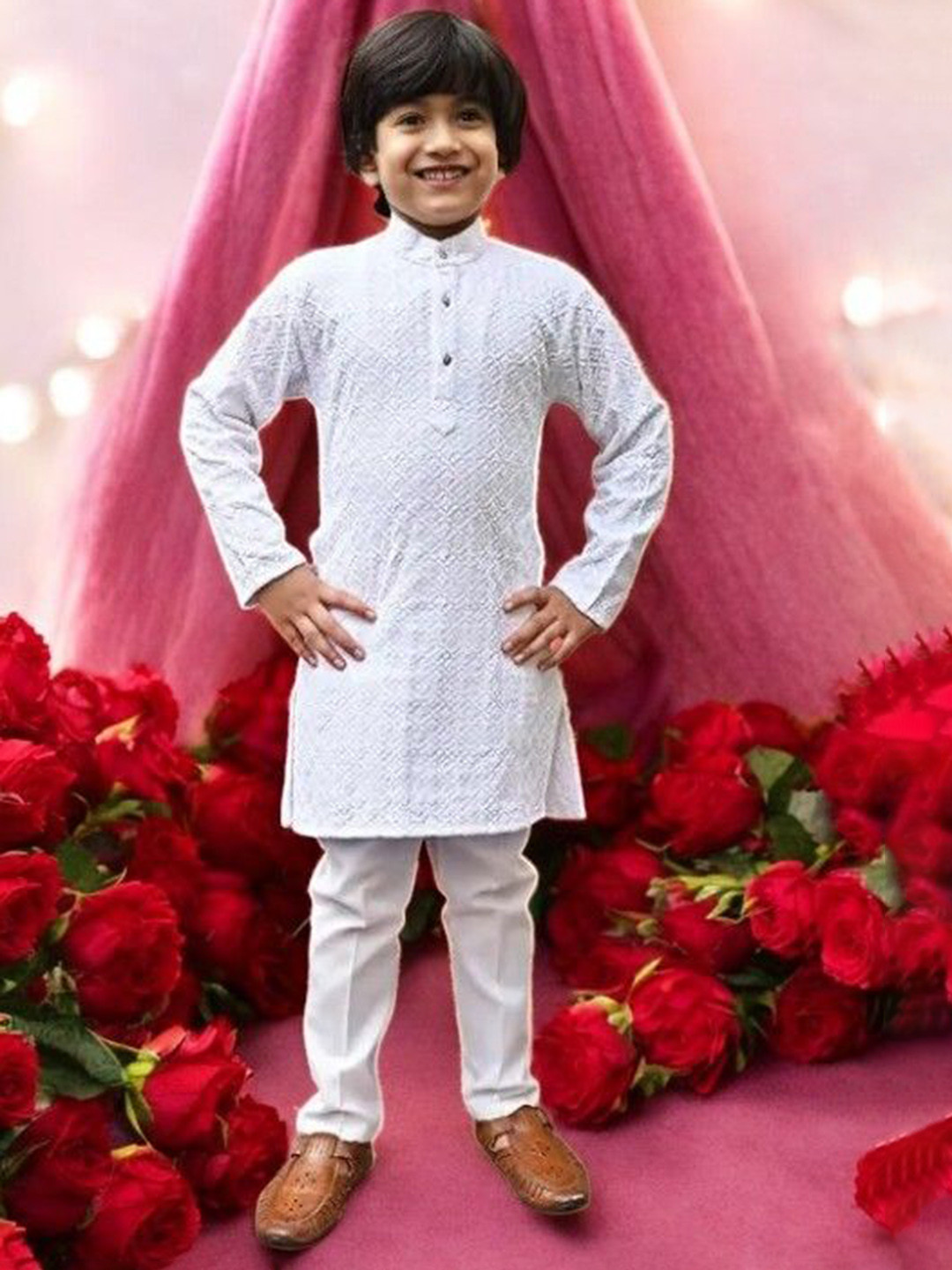 Qtsy Boys Embroidered Regular Mirror Work Pure Cotton Kurta with Pyjamas