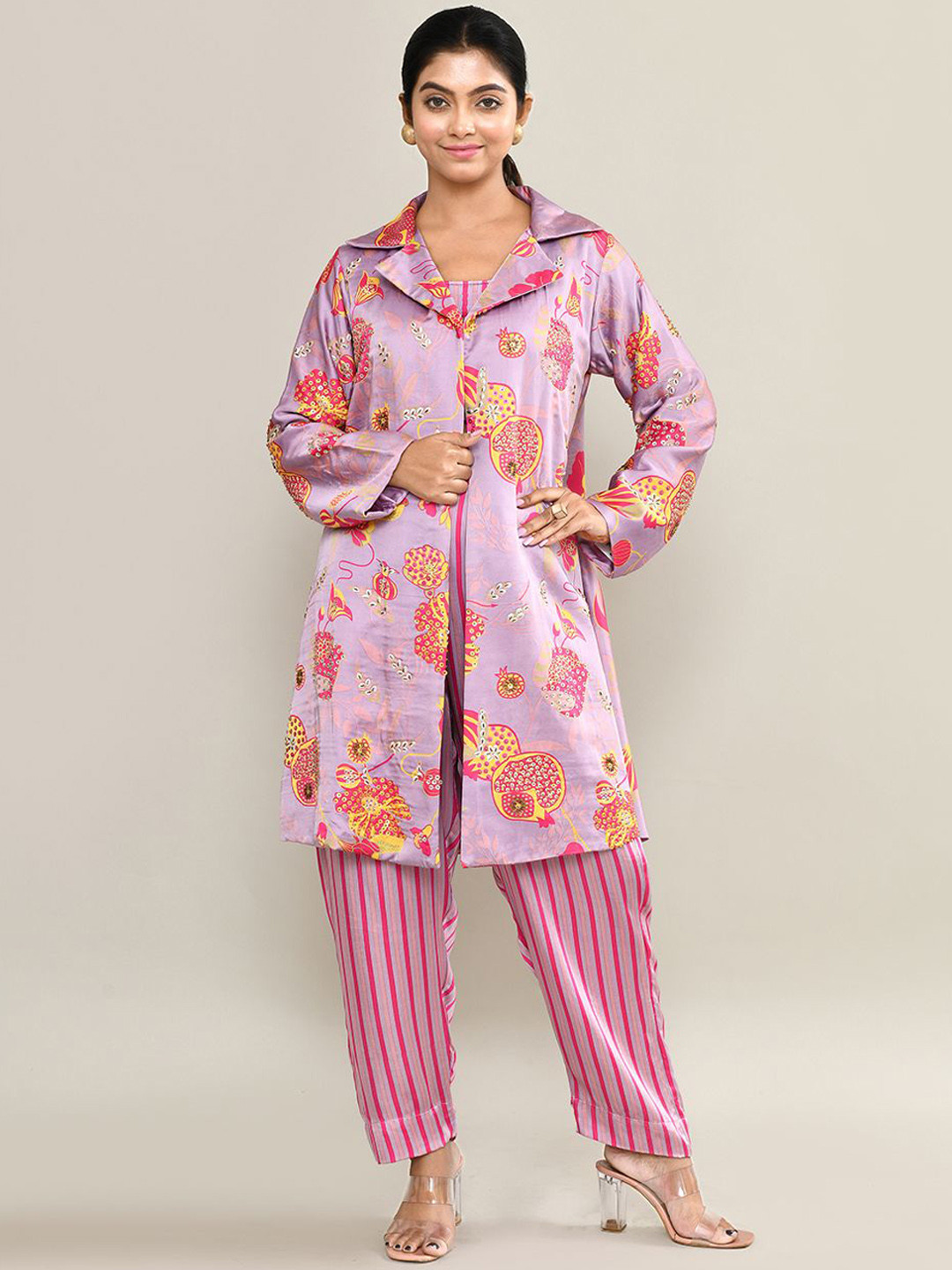 The Maple Printed Shoulder Straps Crop Top With Shrug & Trouser