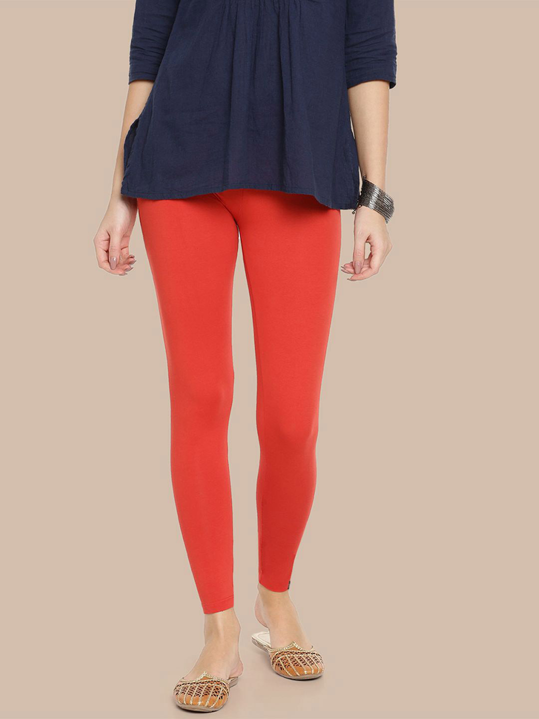 TWIN BIRDS Women Cotton Blend Solid Coral Flame Ankle Length Legging