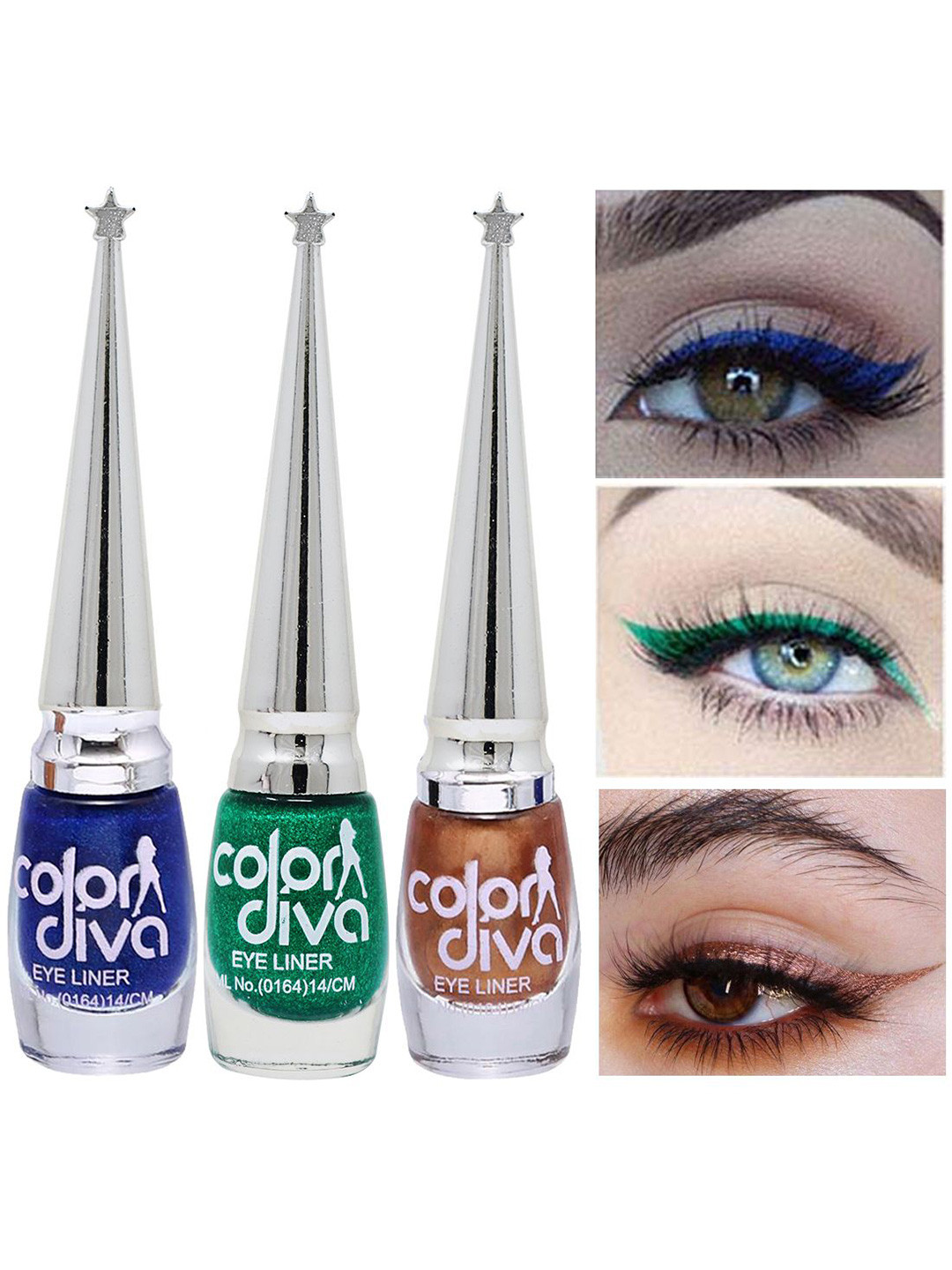 Color Diva Set Of 3 Water Resistant Shimmer Liquid Eyeliner - 6ml Each - Blue-Green-Copper