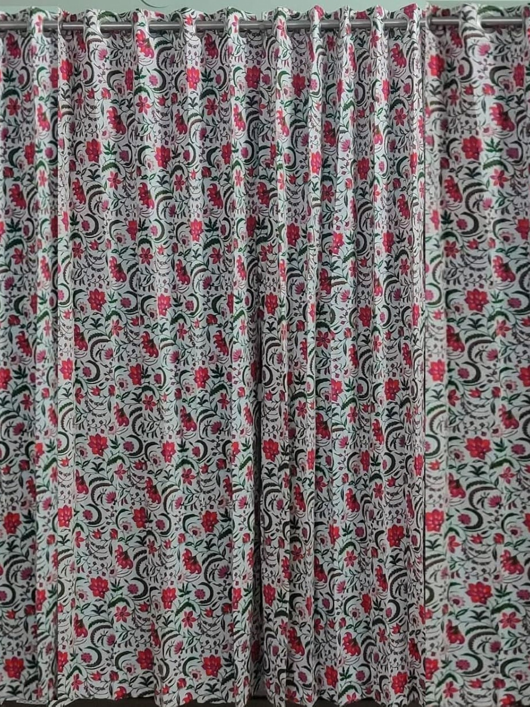 Trance Home Linen Red & Off White & Green 4 Pieces Floral Printed Cotton Door Curtains