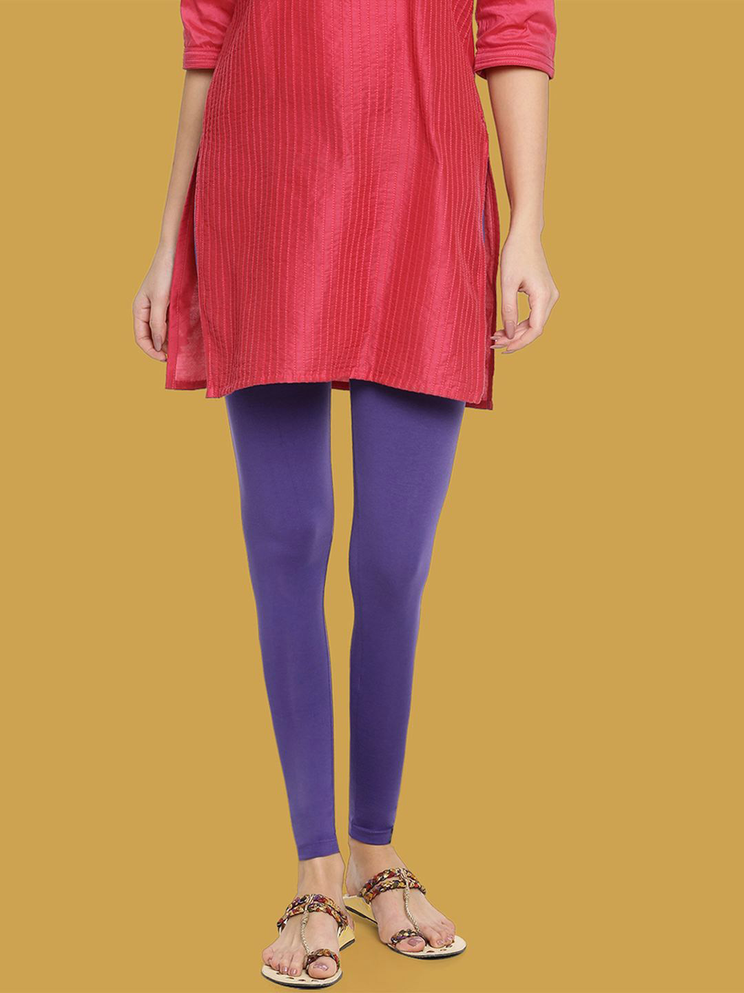 TWIN BIRDS Women Cotton Blend Solid Deep Purple Ankle Length Legging