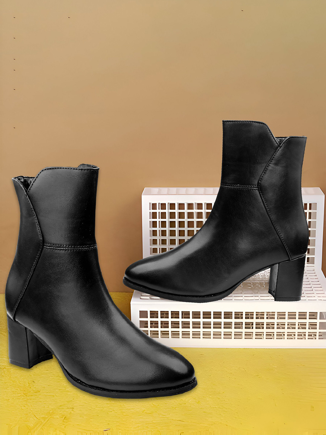 Bxxy Women Faux Leather Ankle Boots with Side Zip and Block Heel