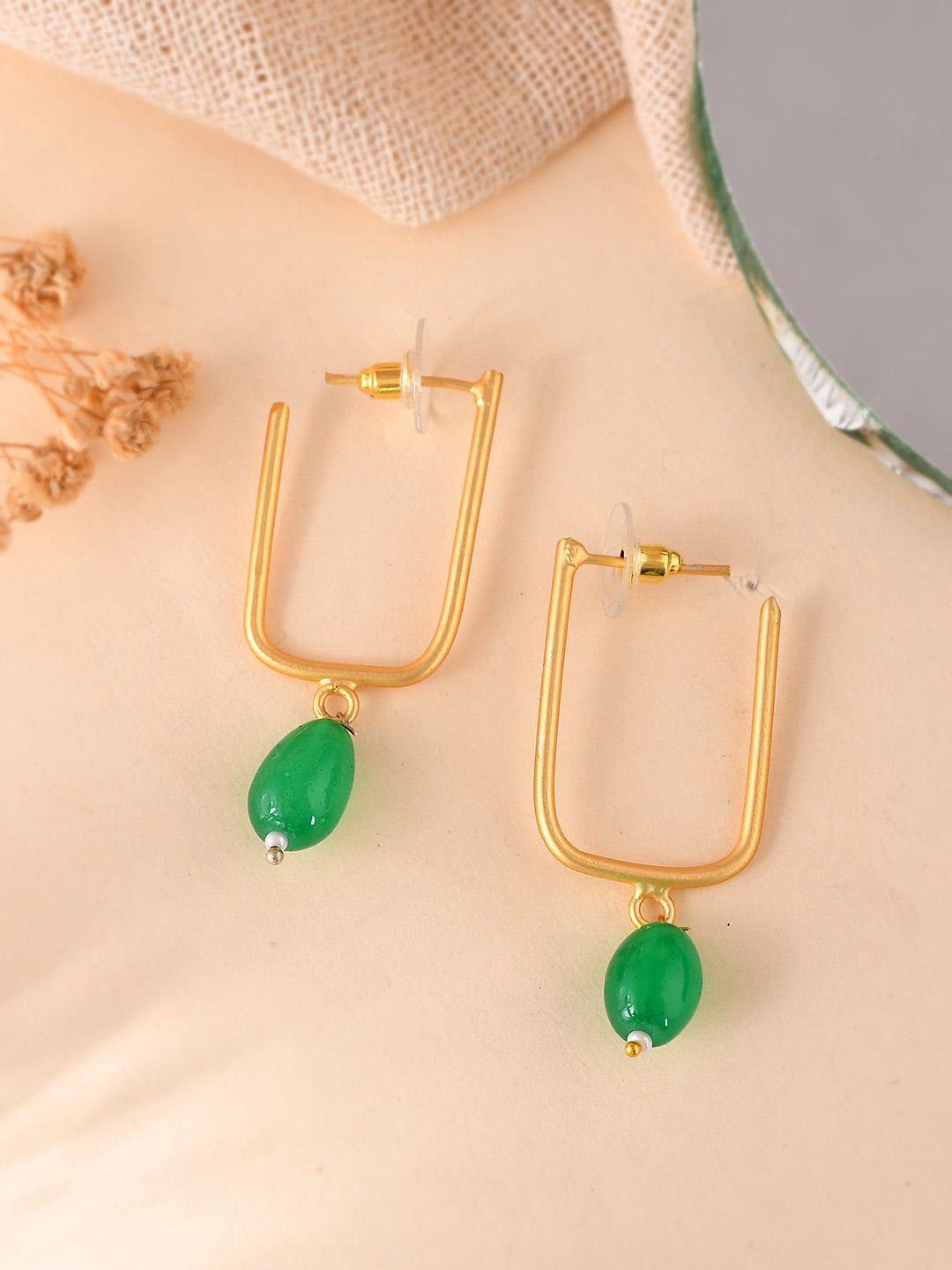 BAESD Gold-Plated Square Artificial Beaded Drop Earrings