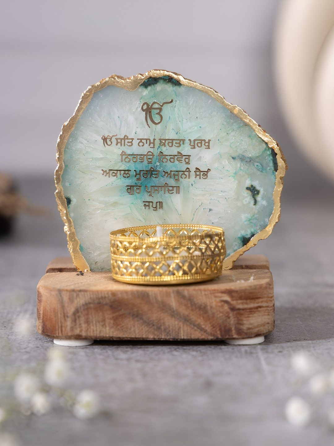 HOMEARTE Green & Brown Ik Onkar Mantra Candle Holder With Wooden Base