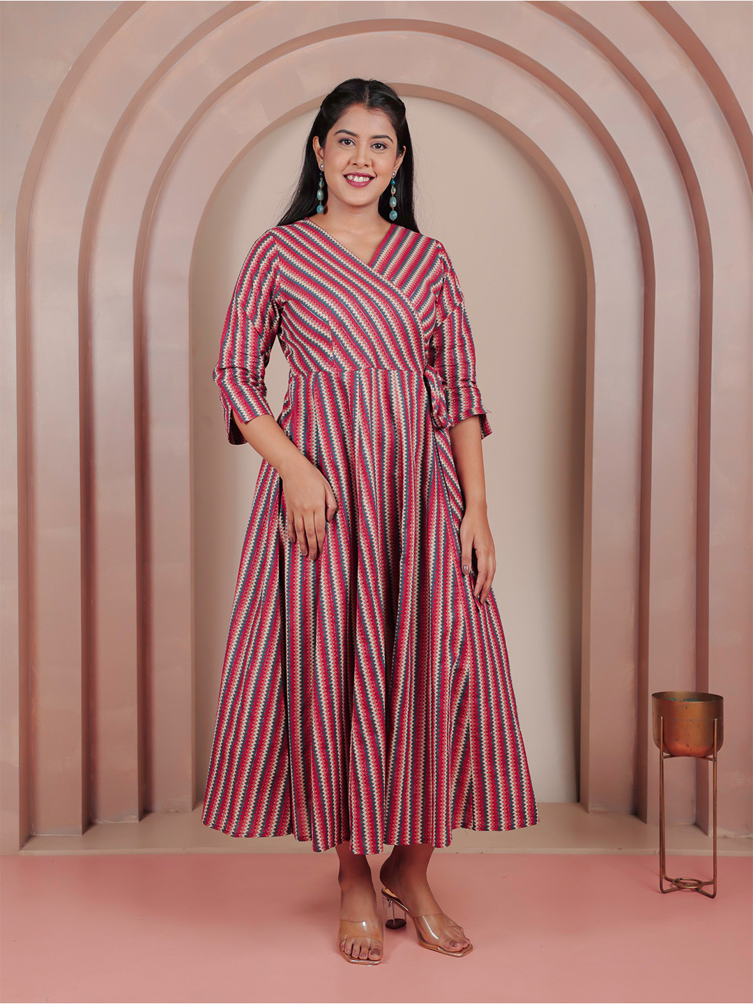 Aramya Striped Linen Cotton Wrap Dress