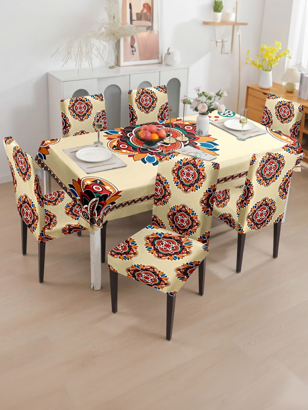 Aura Beige & Red 7 Pieces Mandala Art Printed Table & Chair Covers