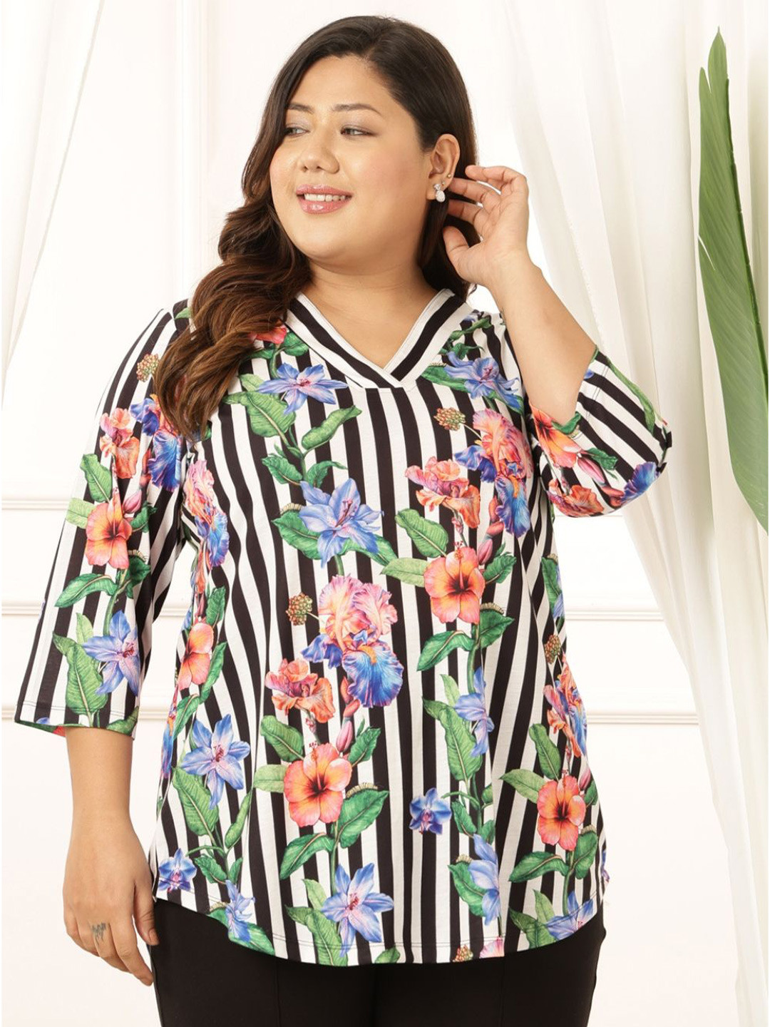 Amydus Plus Size Floral Stripes Flared Top