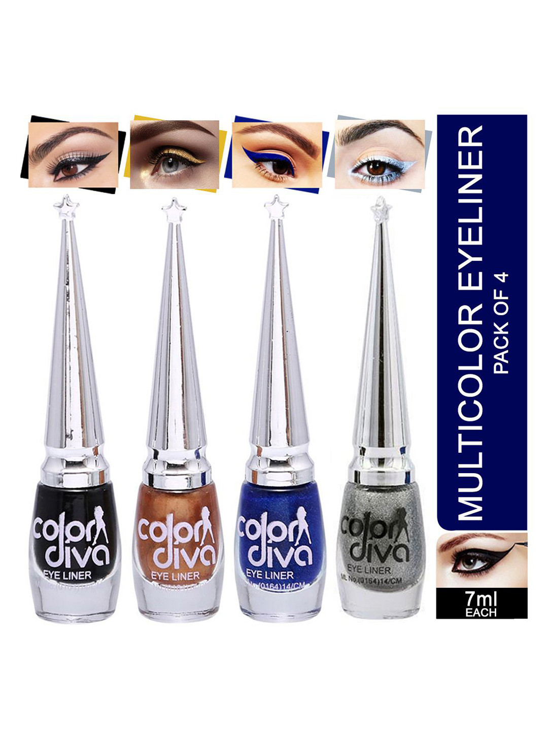 Color Diva Set Of 4 Water Resistant Long Lasting Liquid Eyeliner - 7 ml Each