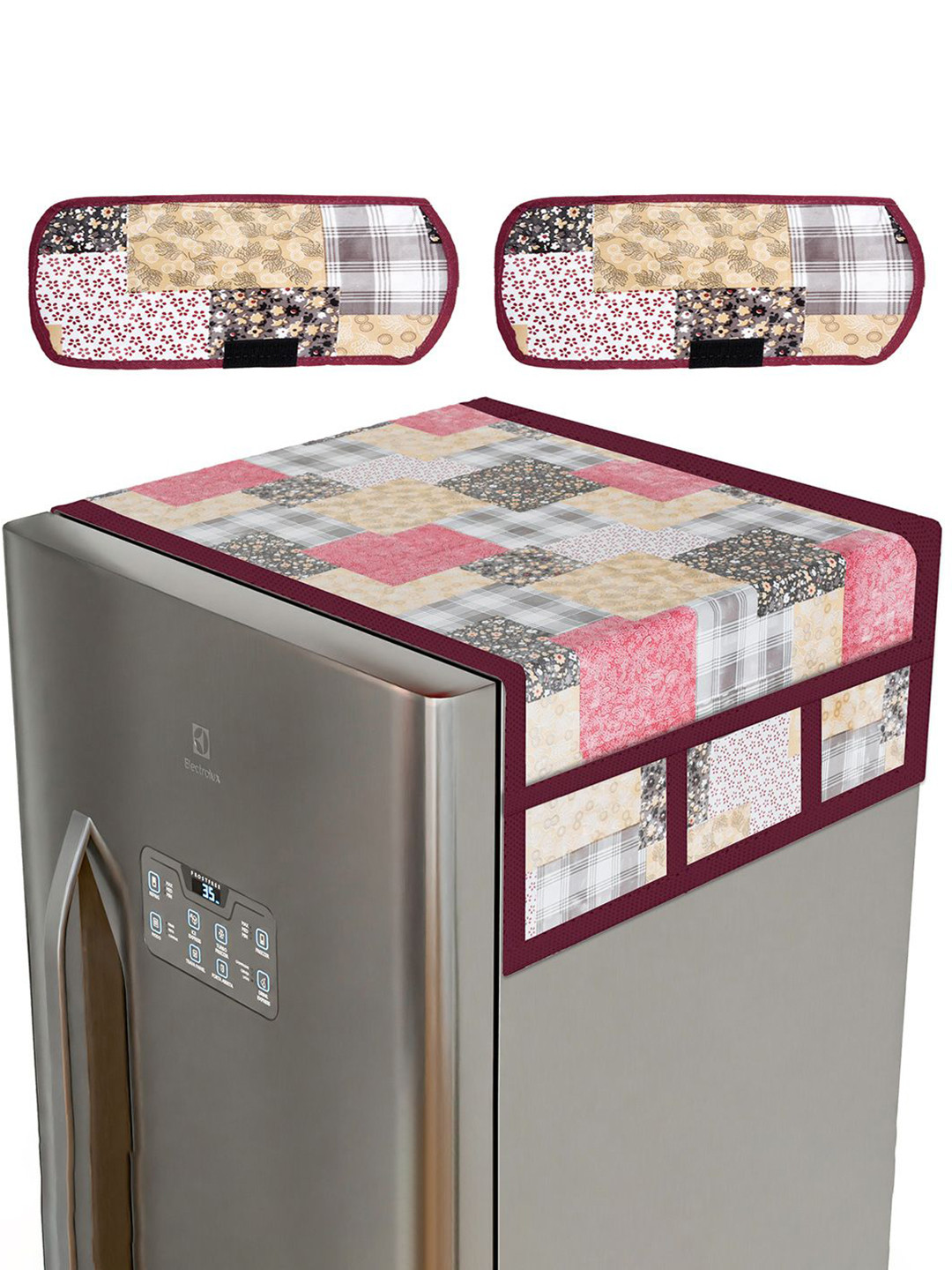 Kuber Industries Maroon & Pink 3 Pieces Printed Fridge Top & Handle Cover Set