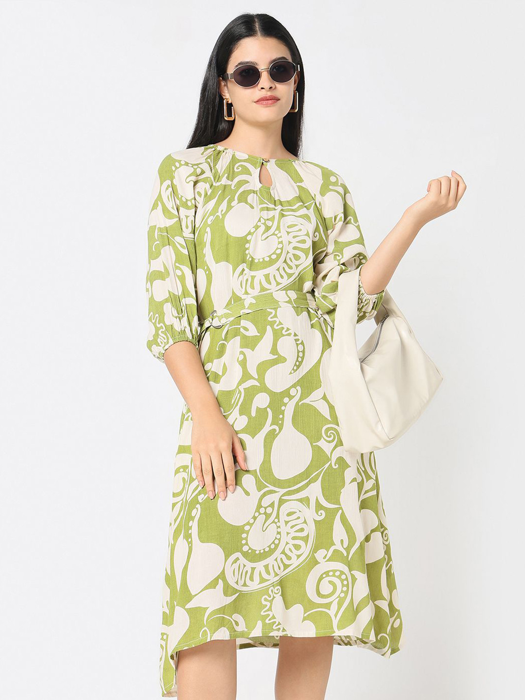 R&B Ethnic Motifs Print Keyhole Neck A-Line Midi Dress