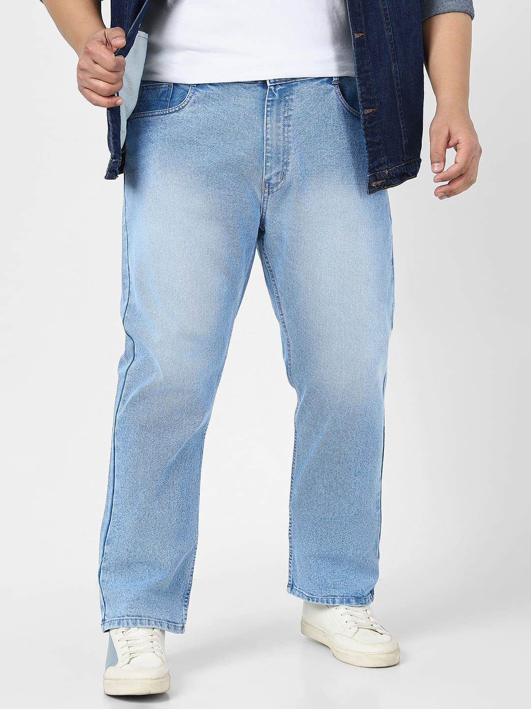 Urbano Plus Men's Ice Blue Straight Fit Washed Jeans Stretchable