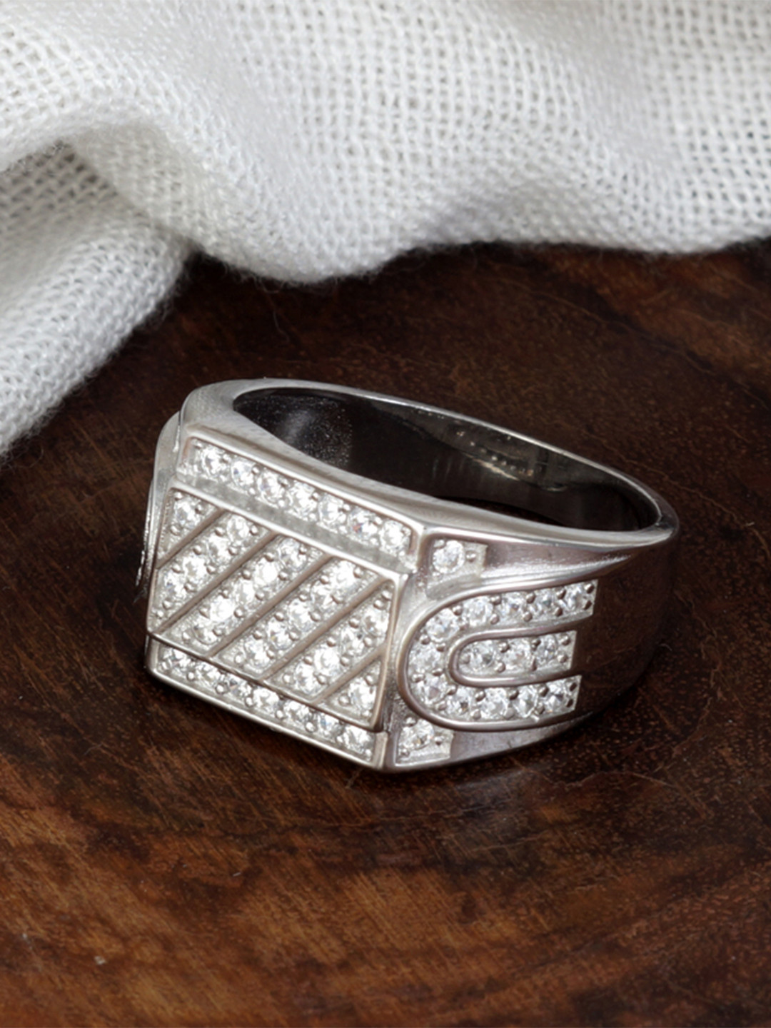 Tuanz Silver Jewelry Men 925 Sterling Silver Rhodium-Plated Cubic Zirconia-Studded Ring