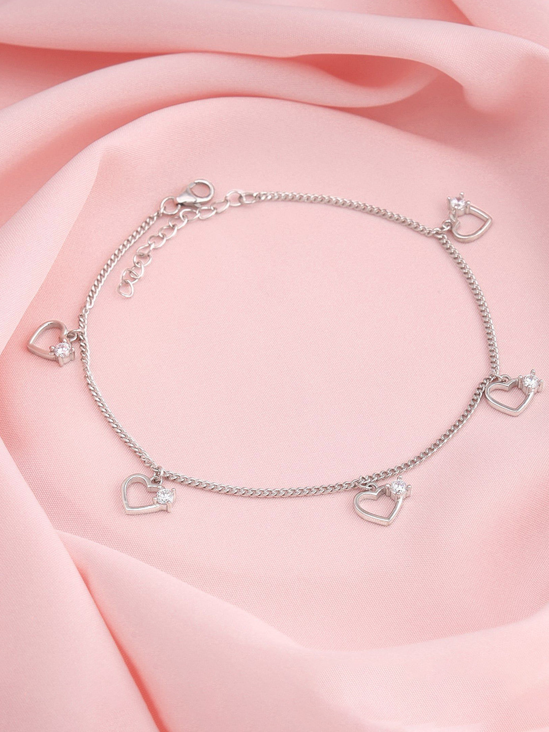 GIVA Heart Charm Set Of 2 925 Sterling Silver Rhodium-Plated Anklets