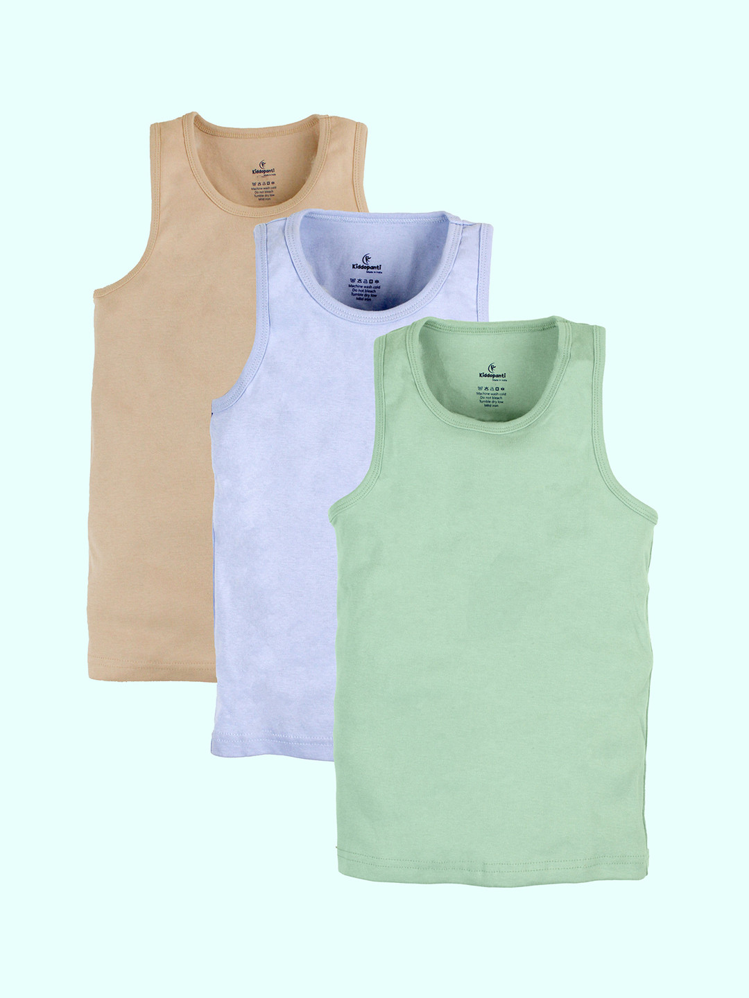 KiddoPanti Boys Pack Of 3 Pure Cotton Basic Vests SS25BVT005-Ice Blue /Beige /Lt Green