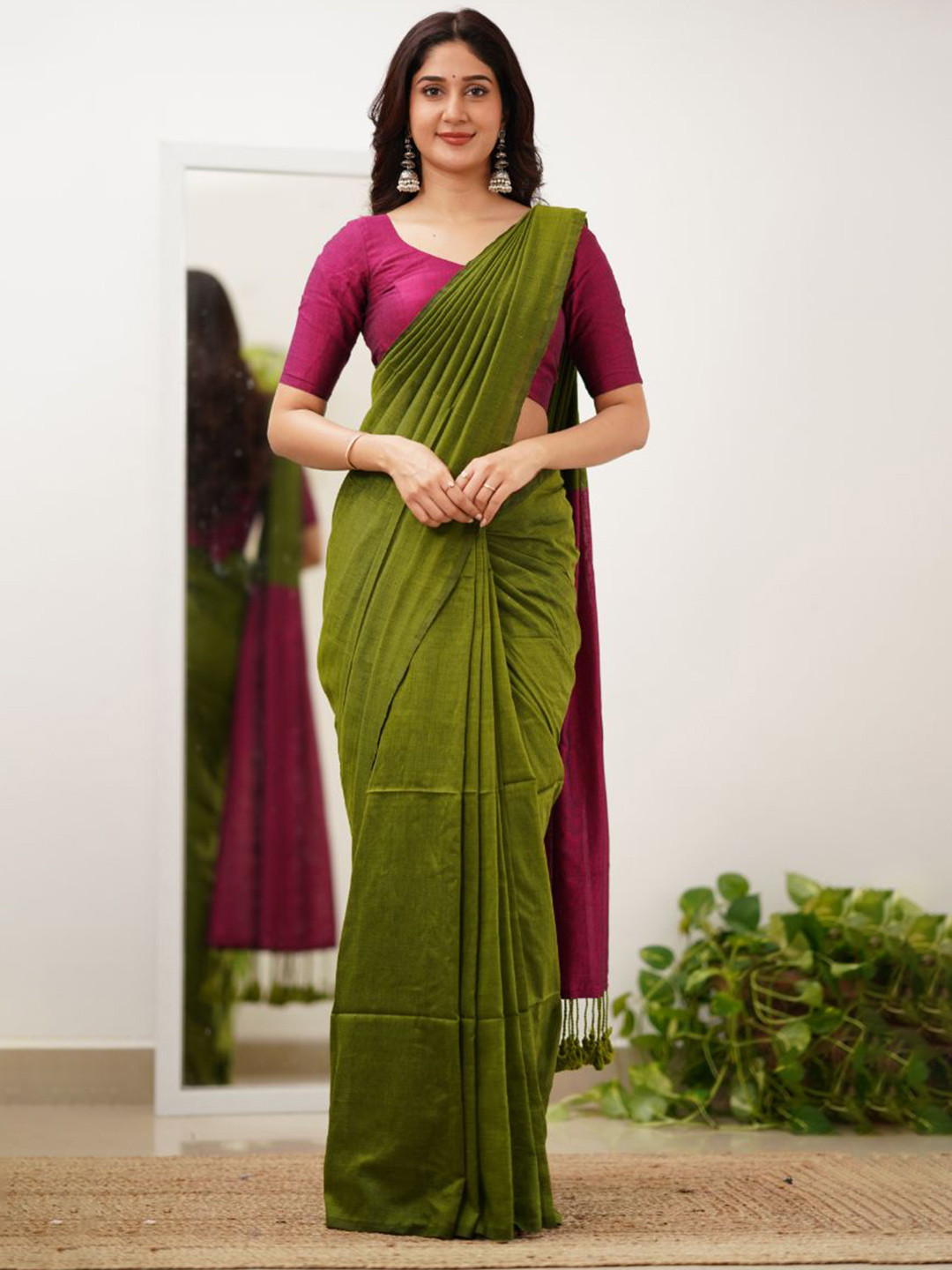 Sutisancha Pink Half Mehndi Handloom Cotton Saree