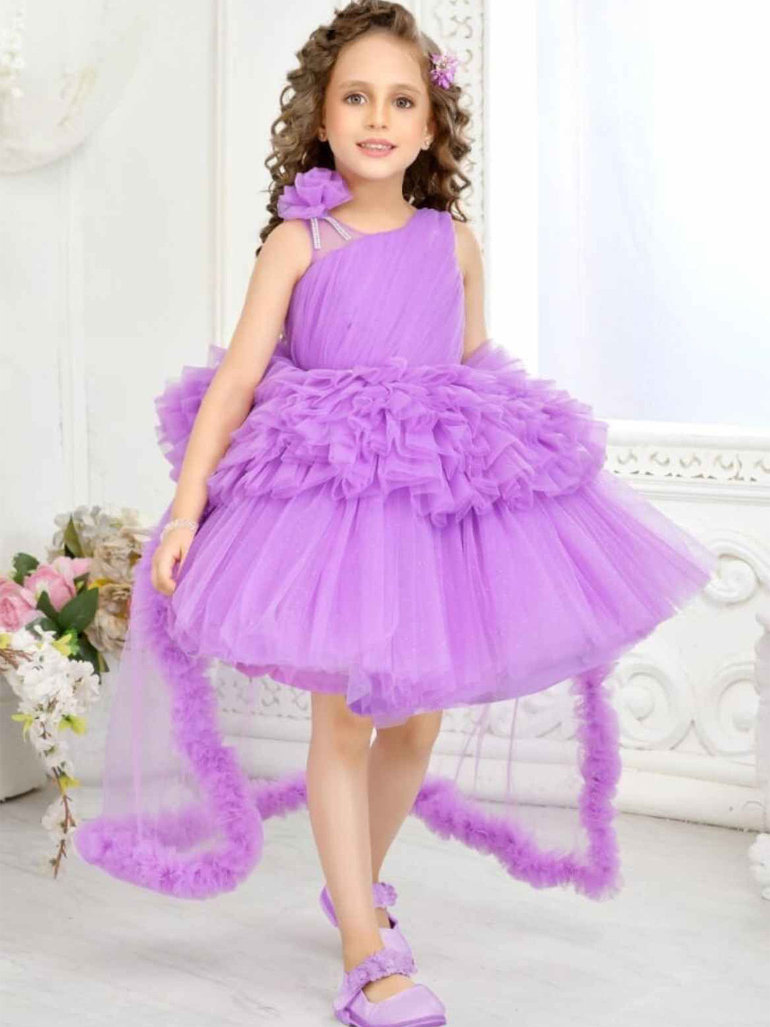 Lagorii Girls Floral Embellished Tailback Frock - Purple