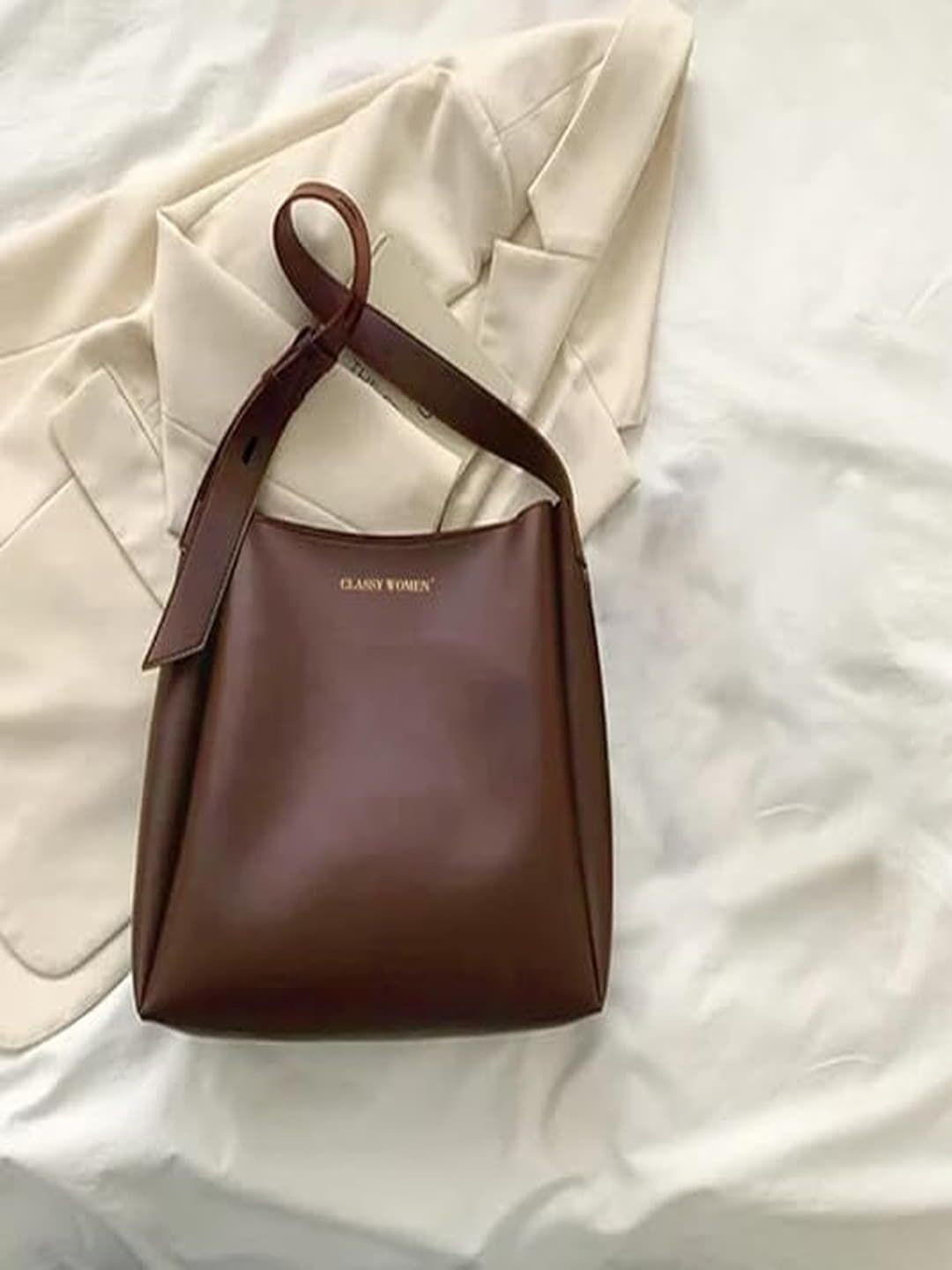 CLASSY WOMEN Leather Bucket Shoulder Bag